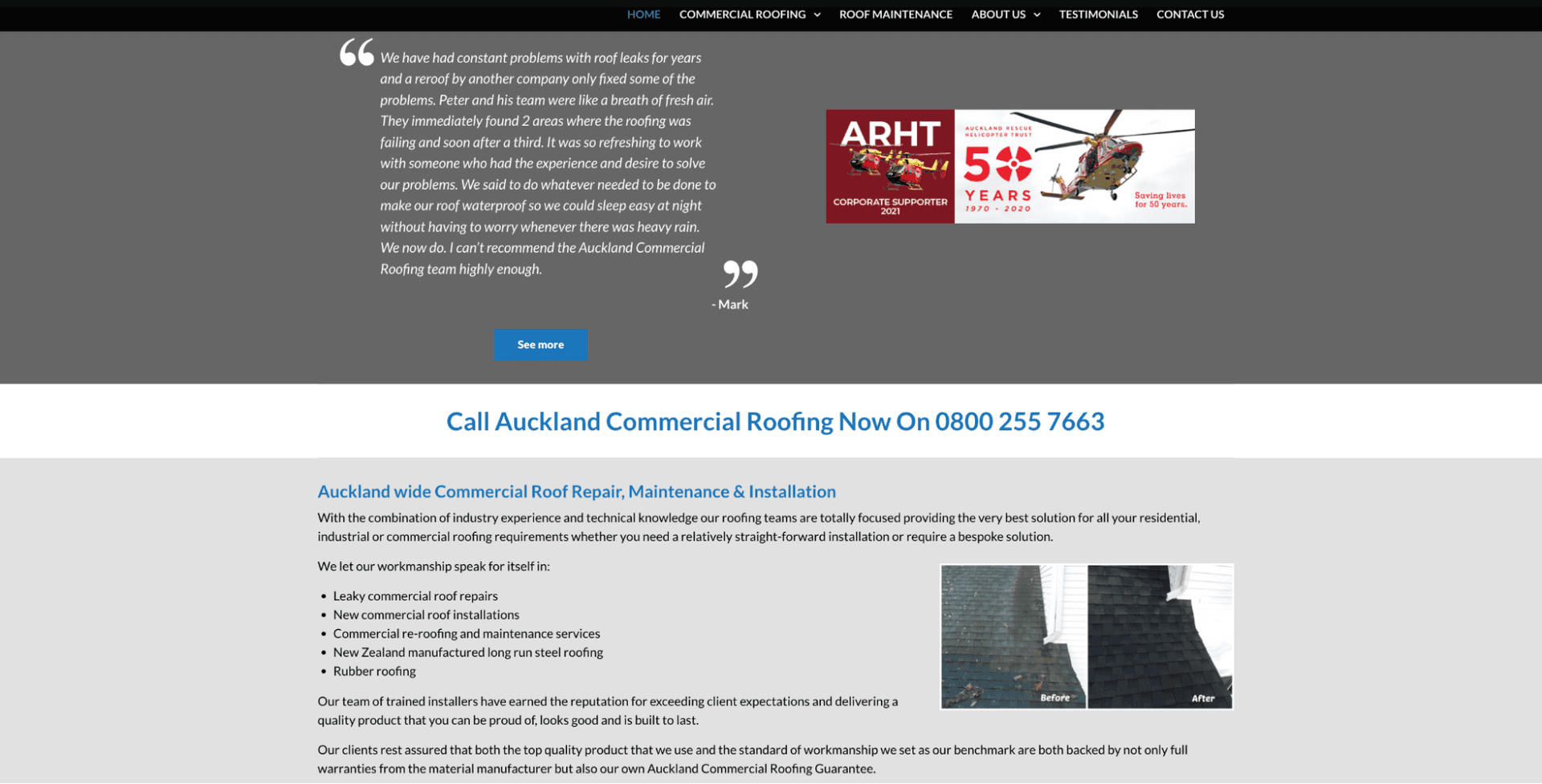 Auckland Commercial Roofing old website scrolled