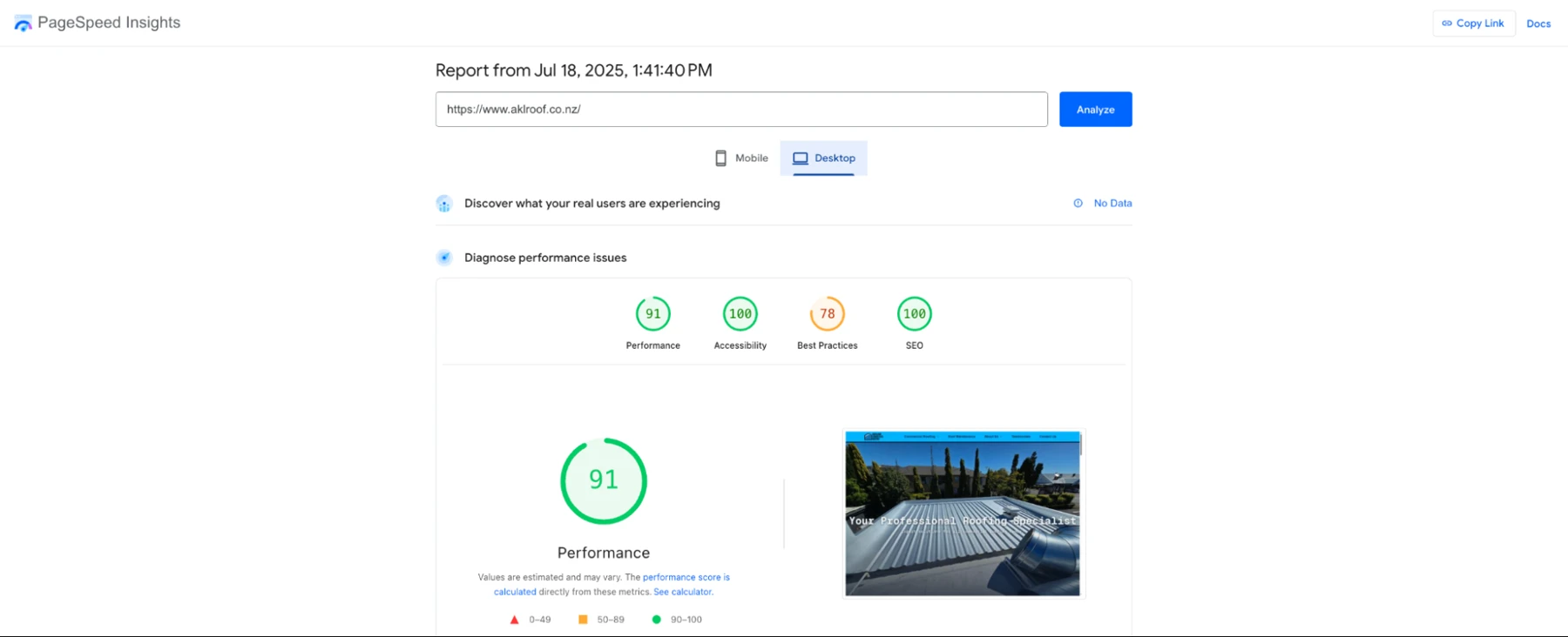 Auckland Commercial Roofing PageSpeed report