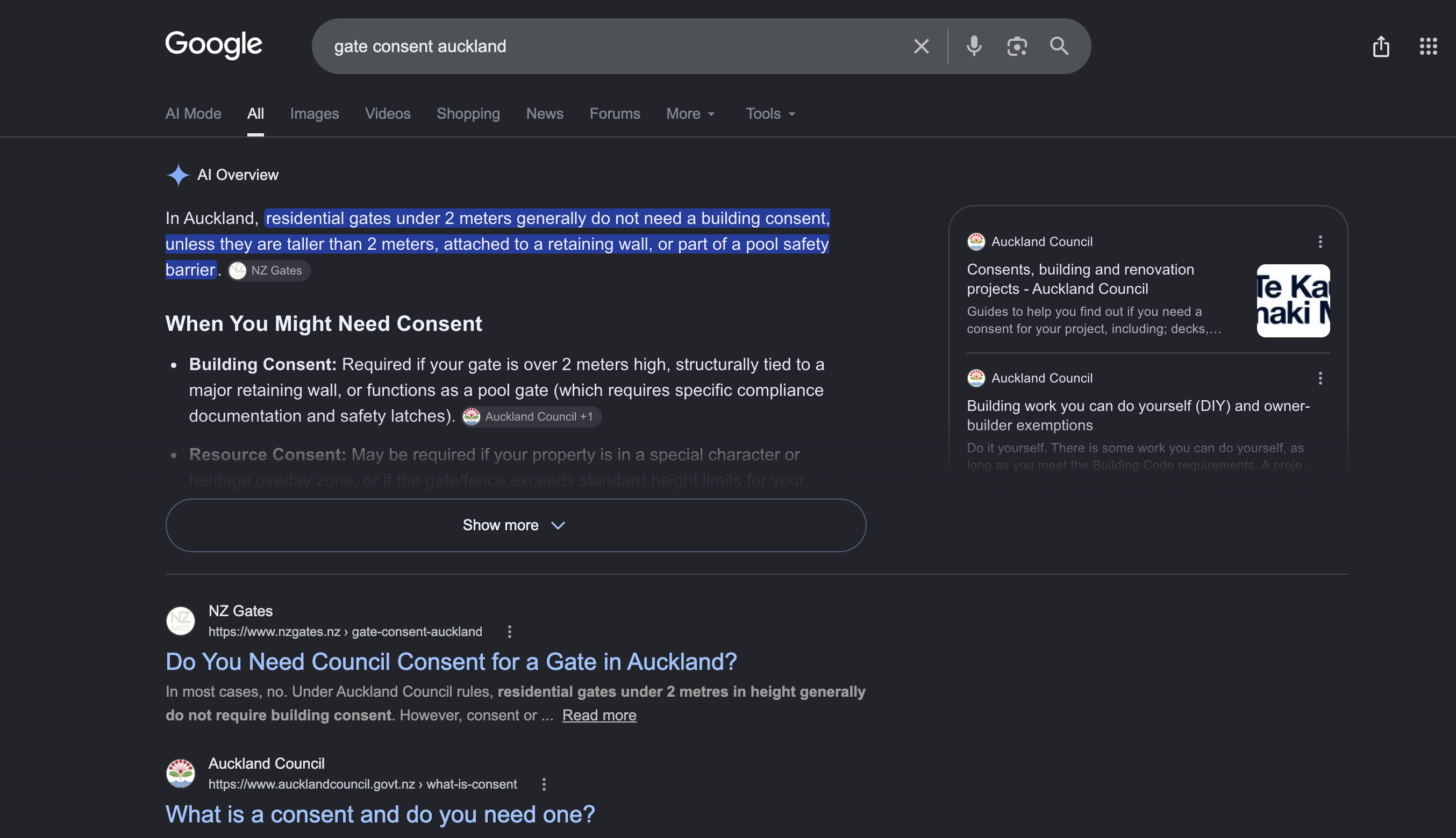 Google AI Overview screenshot citing NZ Gates for gate consent auckland, captured September 2026
