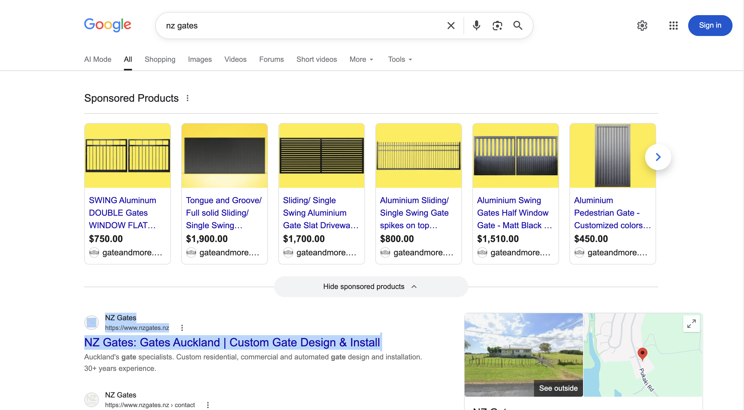 NZ Gates ranking #1 for “nz gates” on Google.co.nz with Google Business Profile panel, September 2026