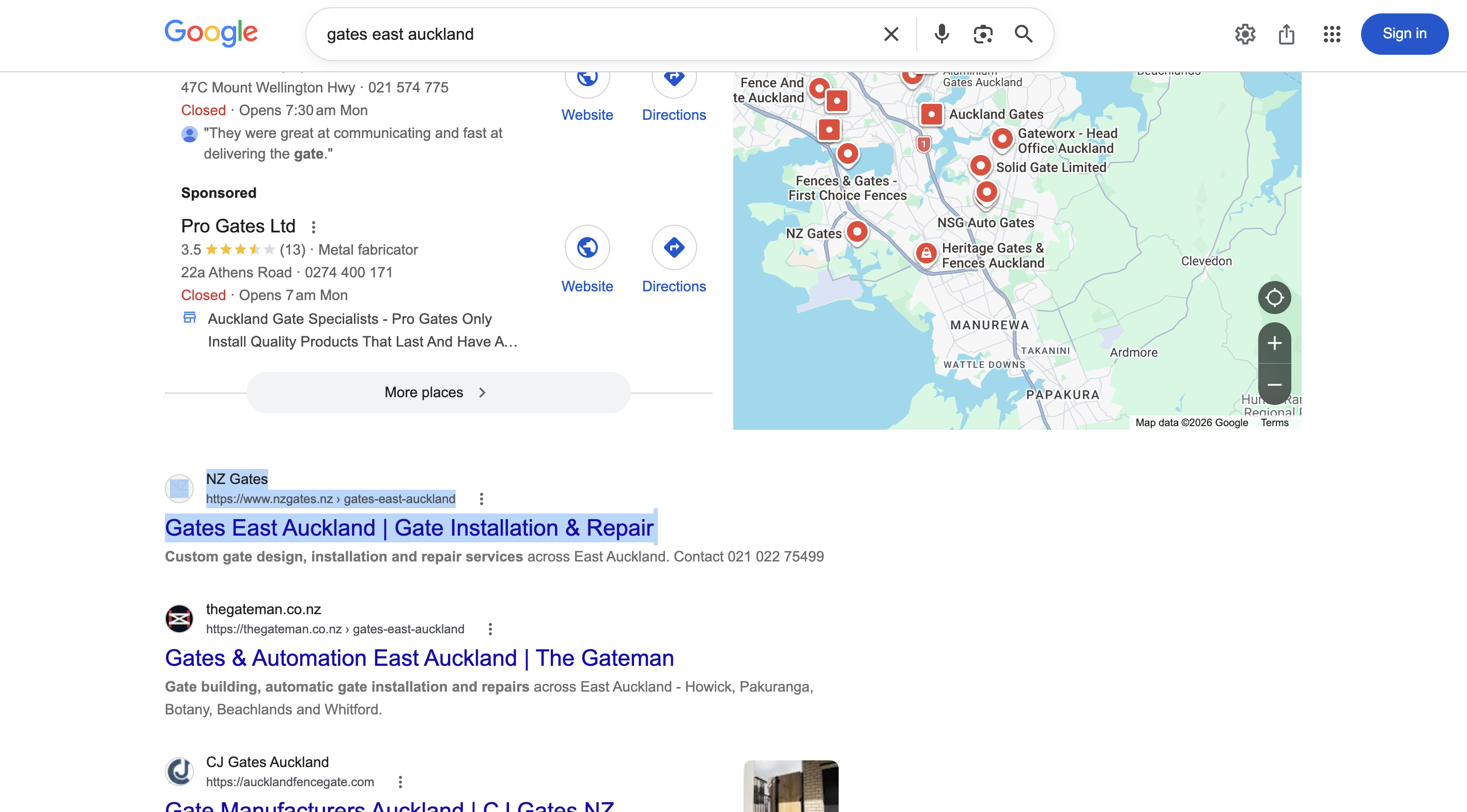 NZ Gates ranking #1 for “gates east auckland” on Google.co.nz, September 2026