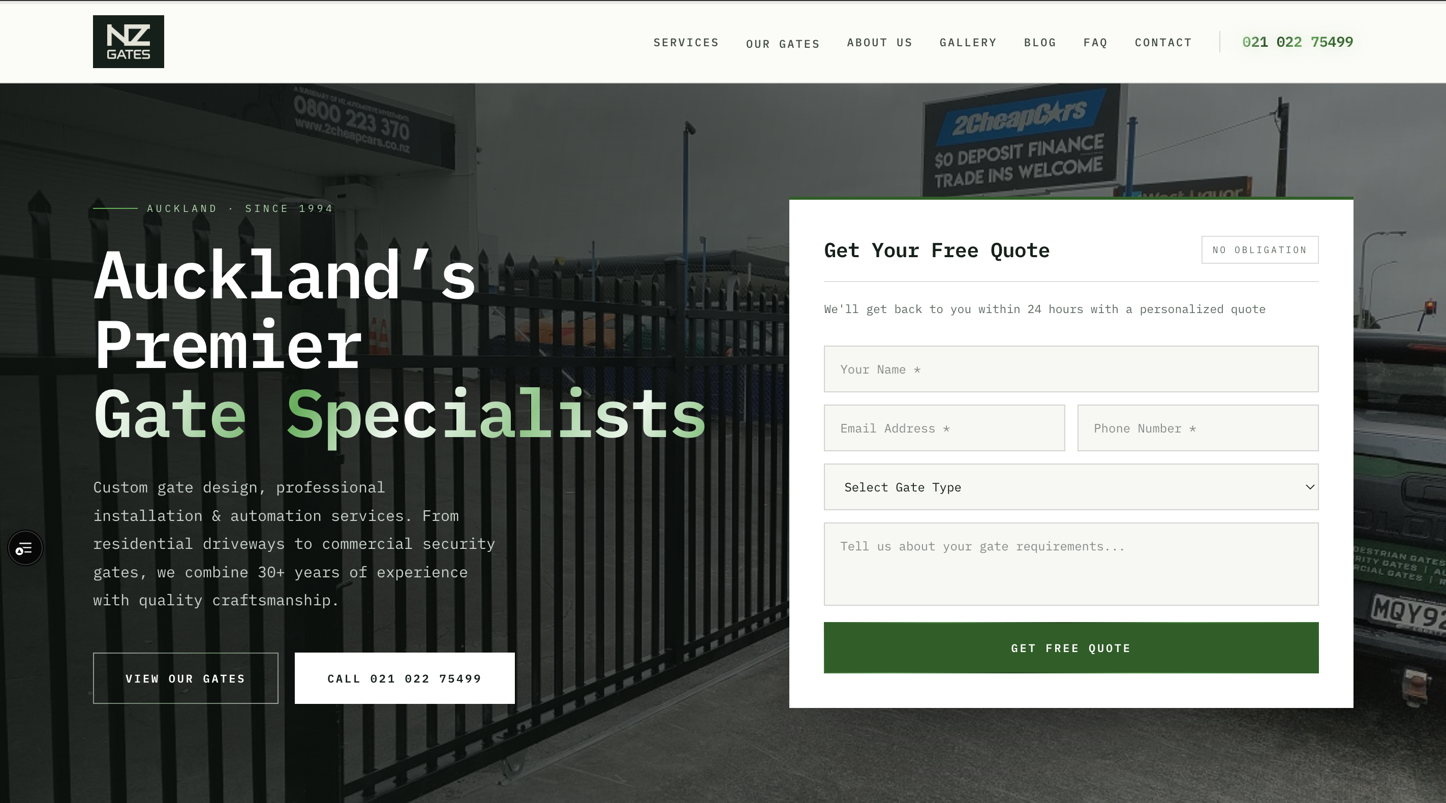 NZ Gates website showing Auckland gate installation services and automatic gate products