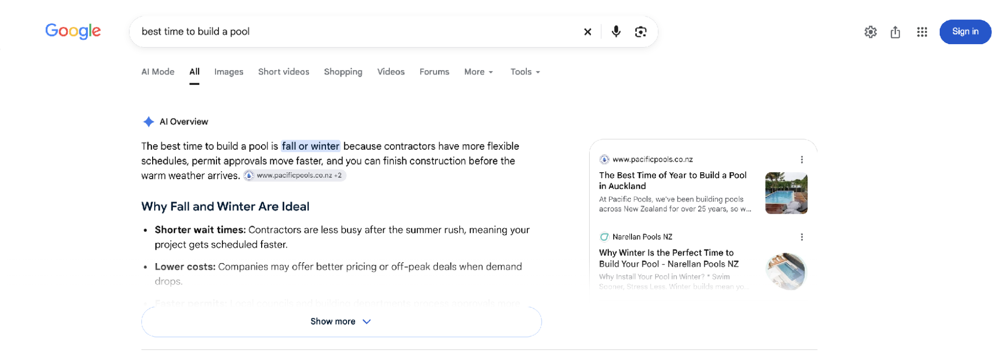 Google AI Overview for best time to build a pool listing Pacific Pools first in the source panel, September 2026