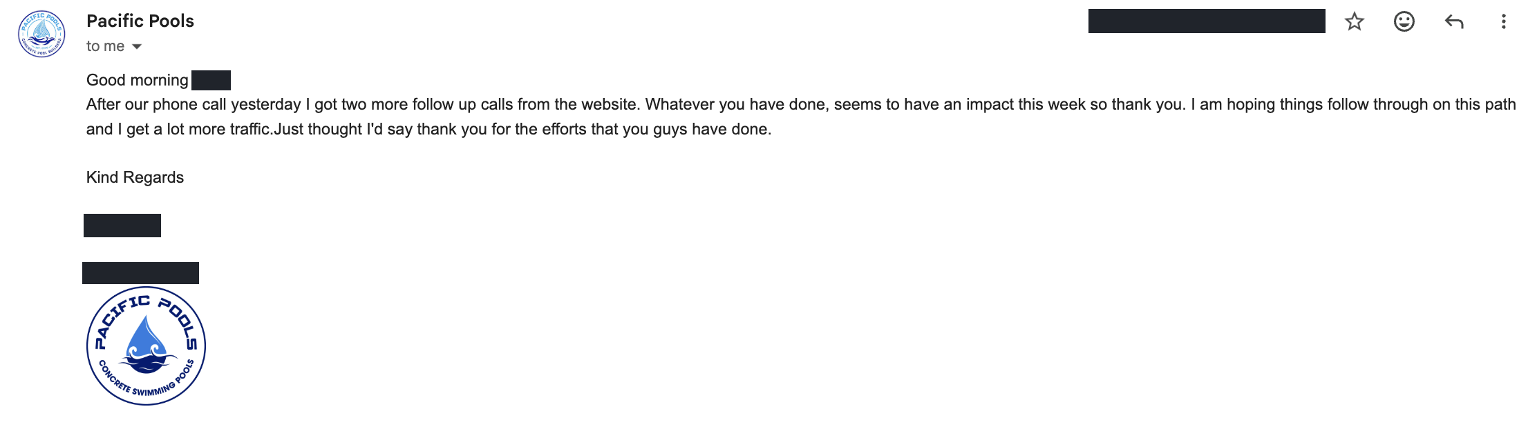 Email from Pacific Pools thanking Tiberius for its work and reporting two more follow-up calls from the website. Personal details redacted.