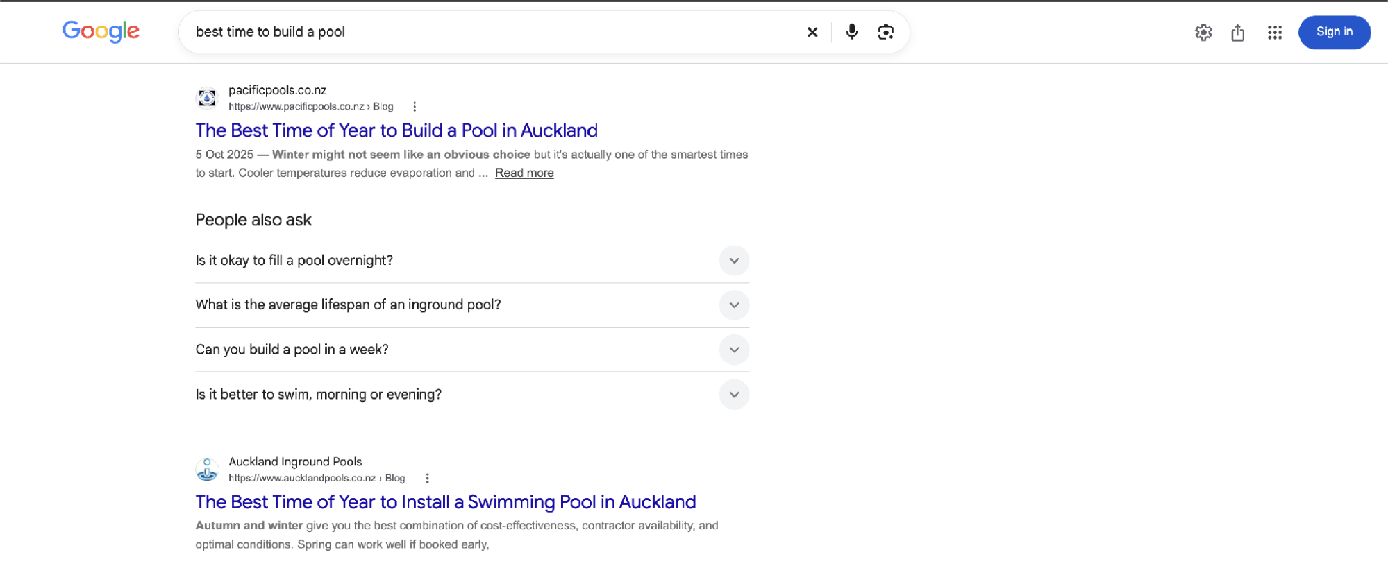 Pacific Pools ranking number one organically for best time to build a pool on Google.co.nz, September 2026