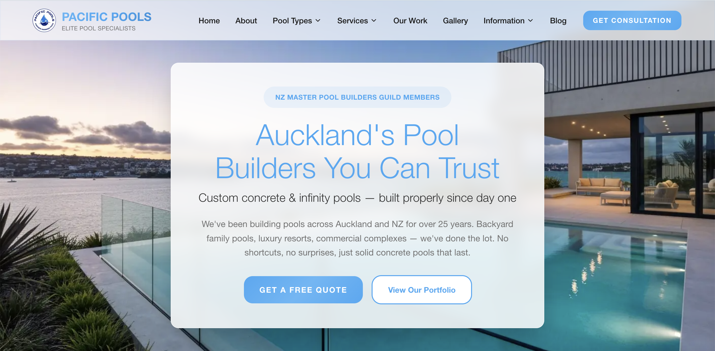 Pacific Pools website showing Auckland pool building services and a waterfront infinity pool