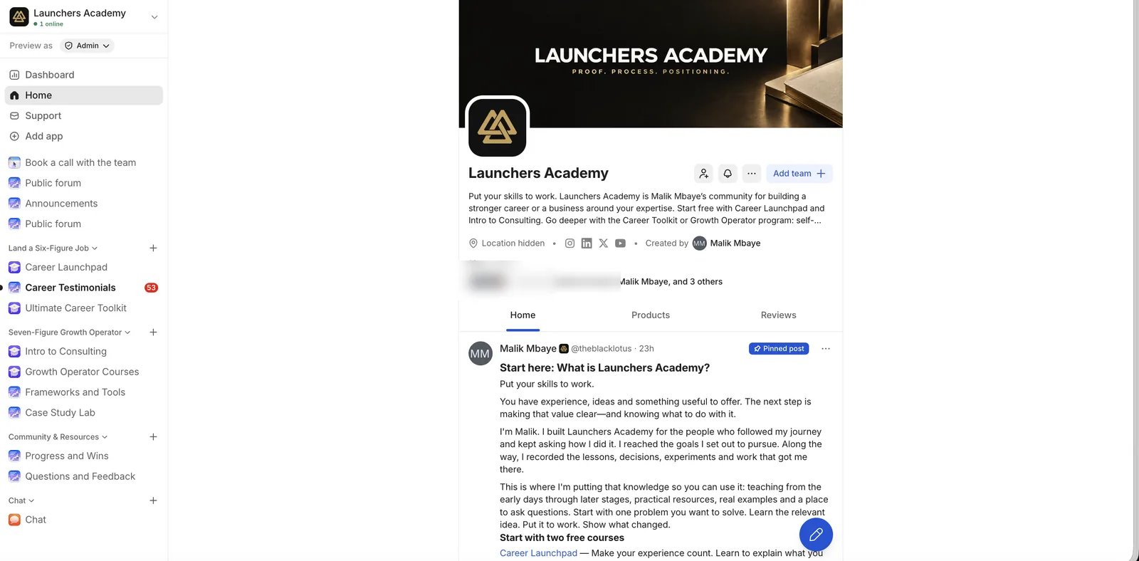 Launchers Academy Whop home and community page, with the banner, logo and pinned Start here post.