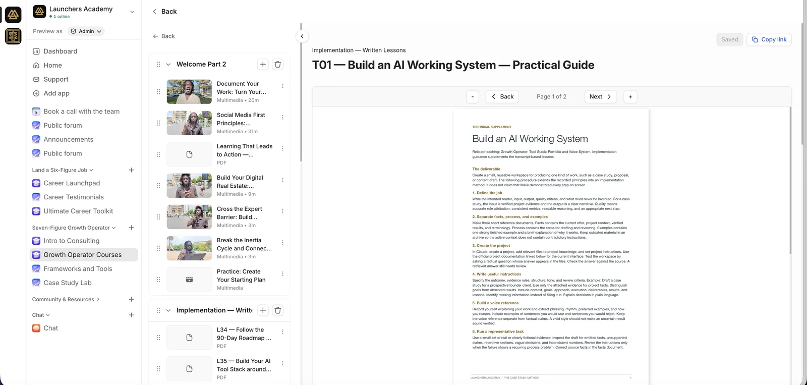 Course lesson view showing the PDF practical guide T01 — Build an AI Working System — Practical Guide.