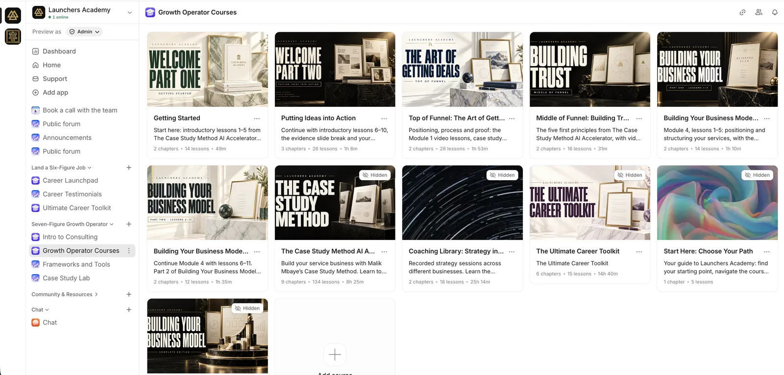 Growth Operator Courses grid on Whop, with branded course cover art for Welcome, The Art of Getting Deals, Building Trust, Building Your Business Model, The Case Study Method and The Ultimate Career Toolkit.