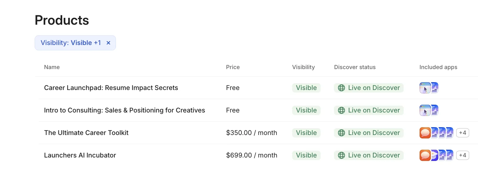 Whop products list showing Career Launchpad, Intro to Consulting, The Ultimate Career Toolkit and Launchers AI Incubator, with prices.